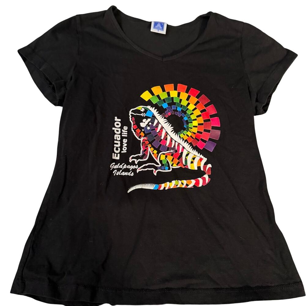 Ecauador womens black fitted shirt w colorful print gecko lightweight cute sz S